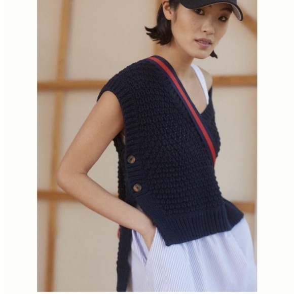 Maeve Sweater Vest Womens Medium Blue Open Knit V Neck Side Button Tunic Chunky - Picture 2 of 13